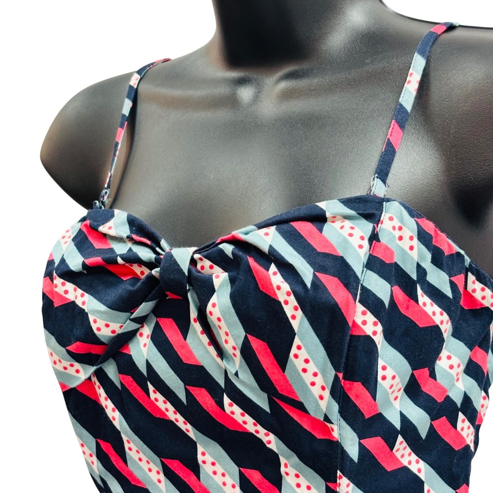 Maeve Anthropologie Navy Pink Geometric Bow Sweetheart Cotton Mini Dress Size 8 - Picture 2 of 11